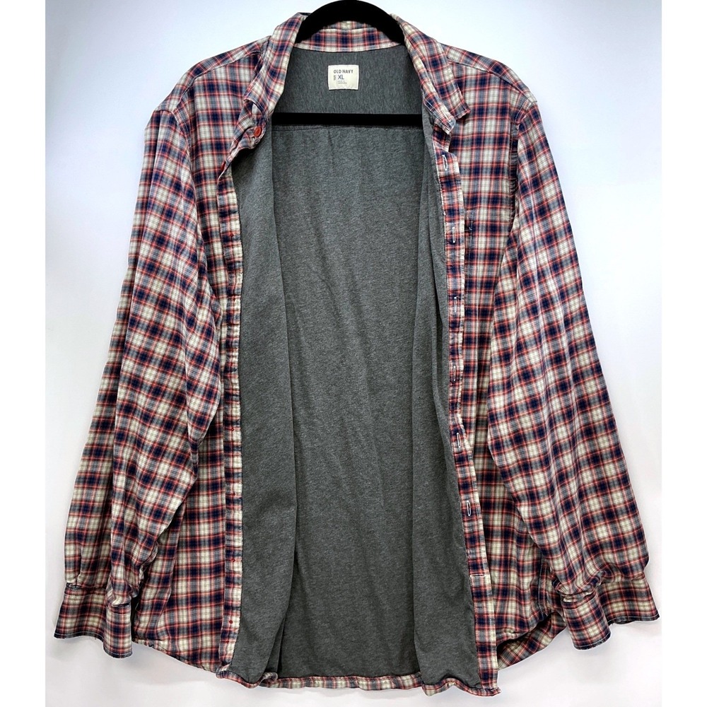 Old‎ Navy Plaid Lined Button Up Shirt Sz XL Blue Rust Grunge Academia Layering